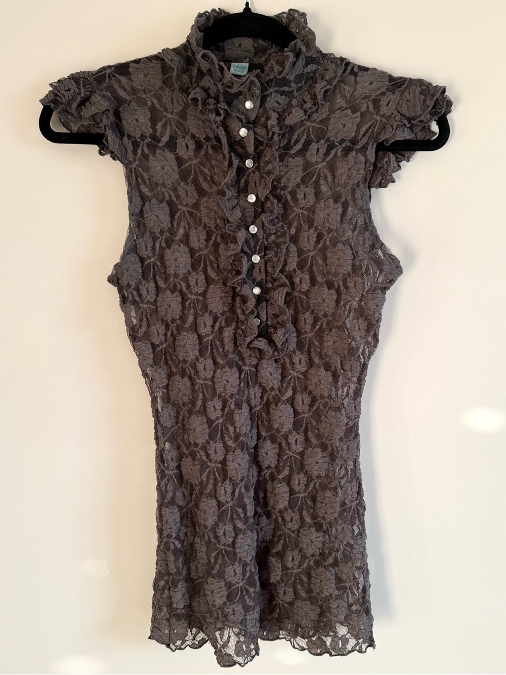 Sweet Soul Sheer Gray Lace Ruffle Top S/P Y2K Whimsigoth Fairy Grunge